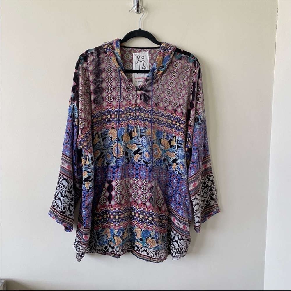 JONNY WAS-ON THE EDGE BURNOUT AZTEC SILK & VELVET HOODIE (Size:Large)